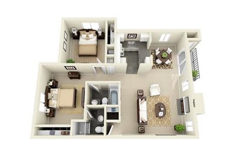 Floor plan for 2 beds, 2 baths, 932 sqft